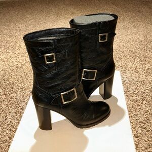 Jimmy Choo Dart Biker Bootie Black 38 Like New Gold Buckle